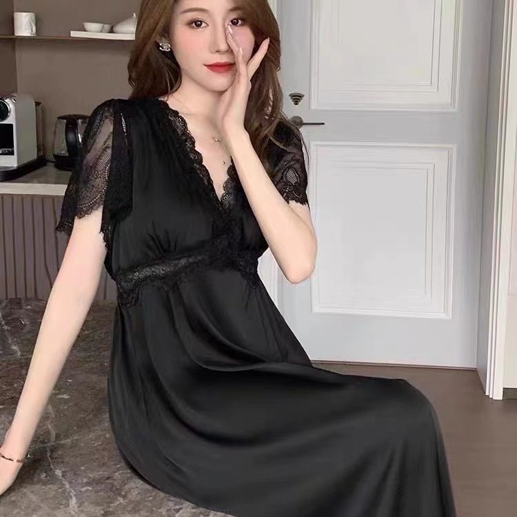 Fairy Long Dress Women's Lace Sexy with Breast Pad Ice Silk Nightdress Ladies Can Go out Home Wear One Piece Dropshipping