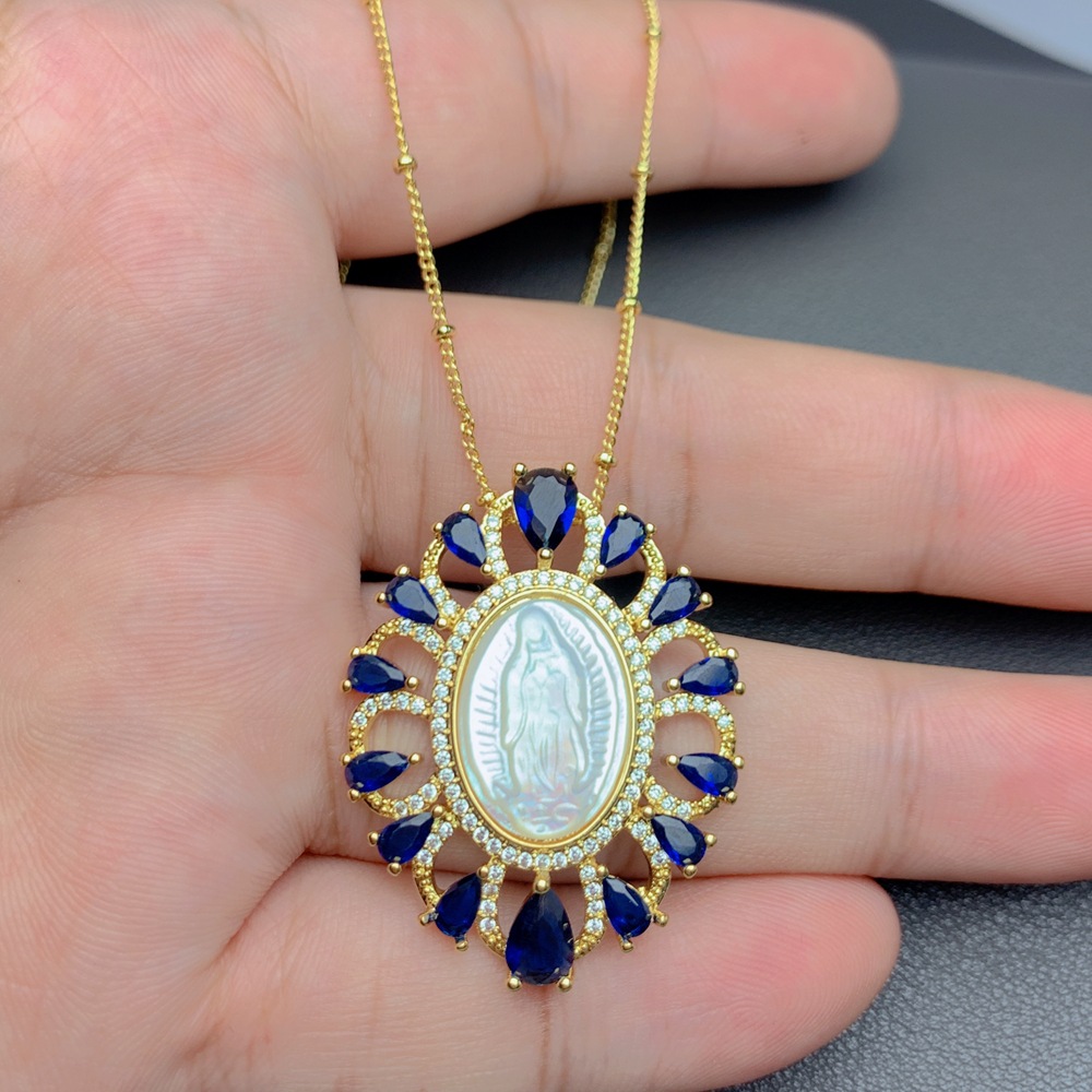 跨境欧美新款贝壳瓜达卢佩圣母项链女百搭气质轻奢天然白贝母吊坠