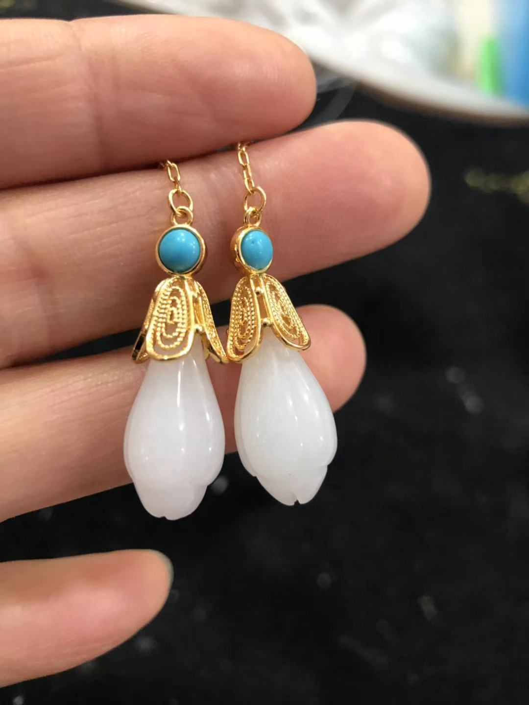 玉石耳环新疆白玉兰花耳钉金丝玉兰花耳环饰品耳环羊脂玉级耳坠