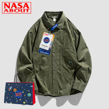 NASA联名男生开衫水洗春秋翻领长袖牛仔日式纯色工装透气衬衫外套