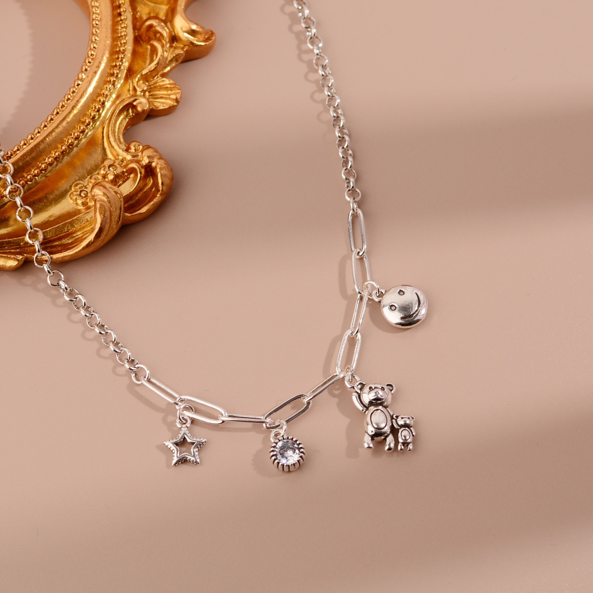 韩国东大门新款可爱小熊泰银项链女五角星星笑脸泰迪熊气质毛衣链