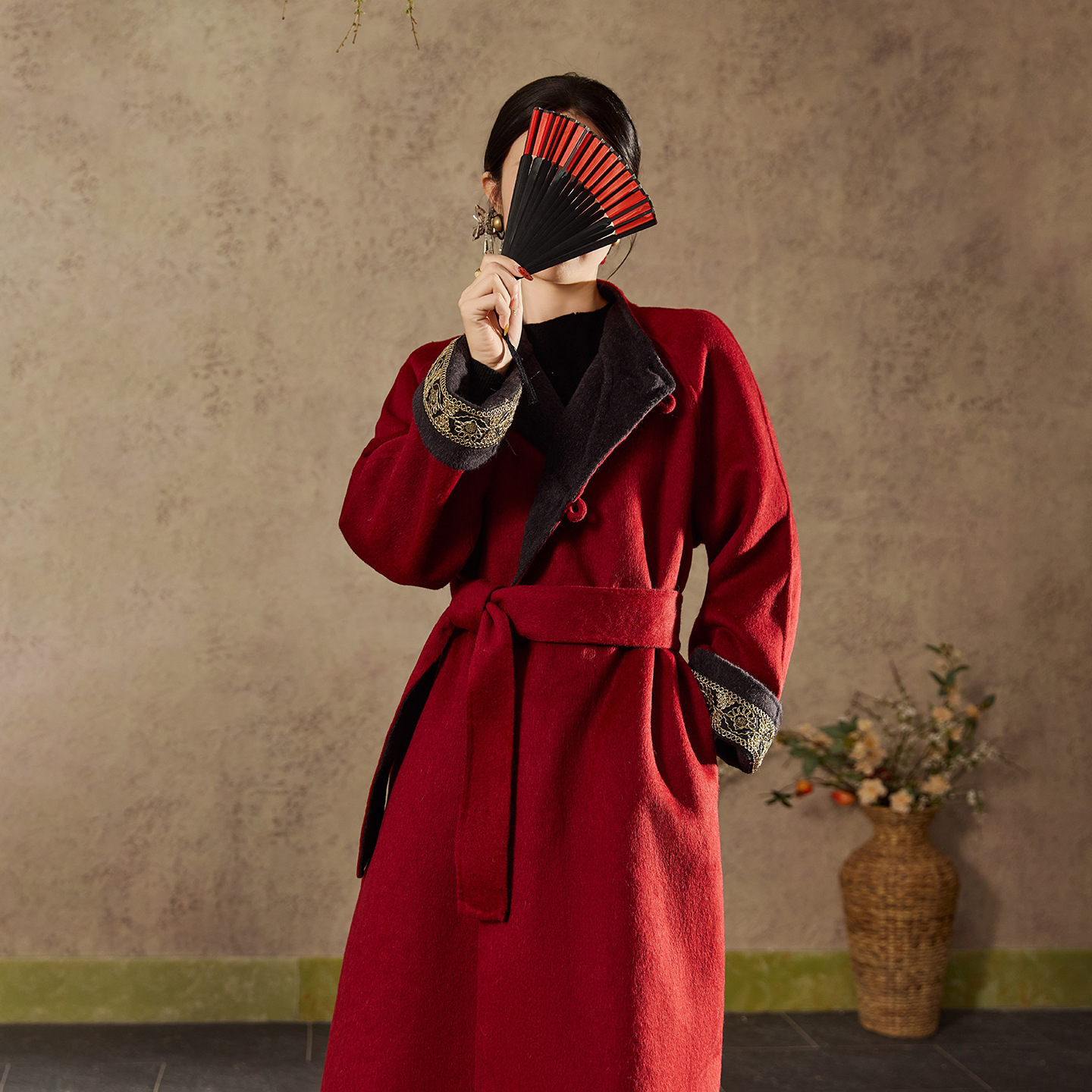 冬季2025新款新中式气质保暖设计外套双面穿羊毛系带大衣女 NX027