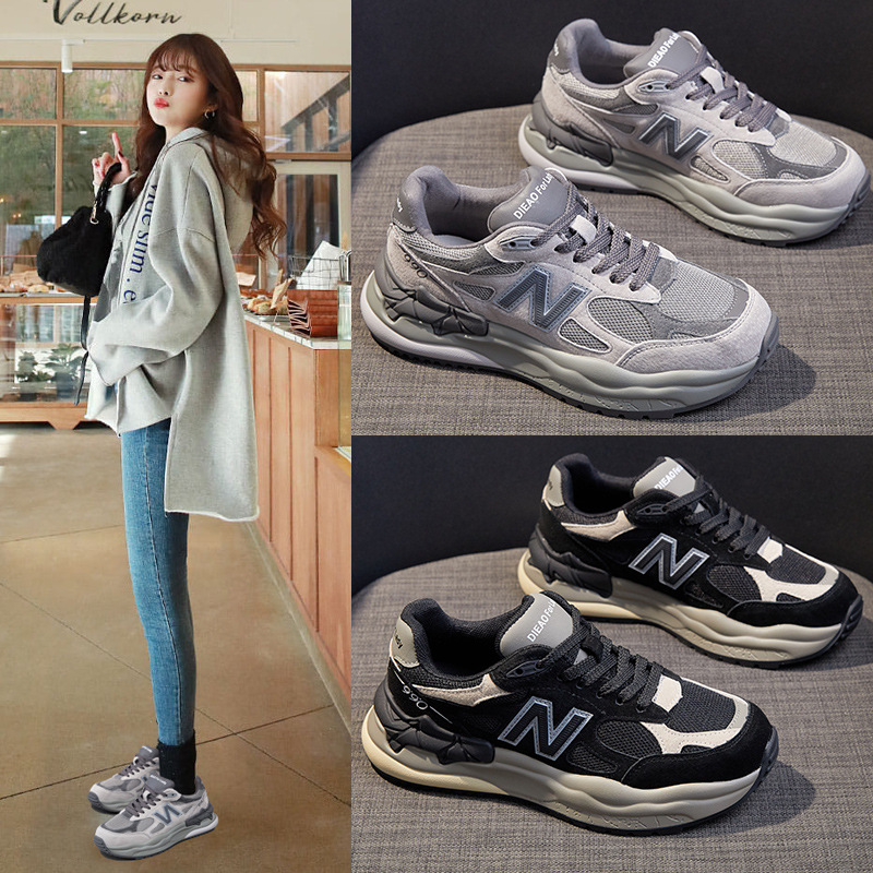 灰色n字老爹鞋女真皮2023春季爆款复古百搭厚底阿甘休闲运动鞋女