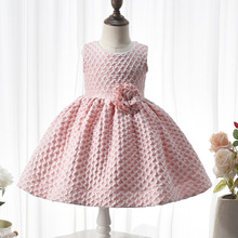 新款小香风女童连衣裙粉色千鸟格儿童礼服无袖花朵可爱儿童连衣裙