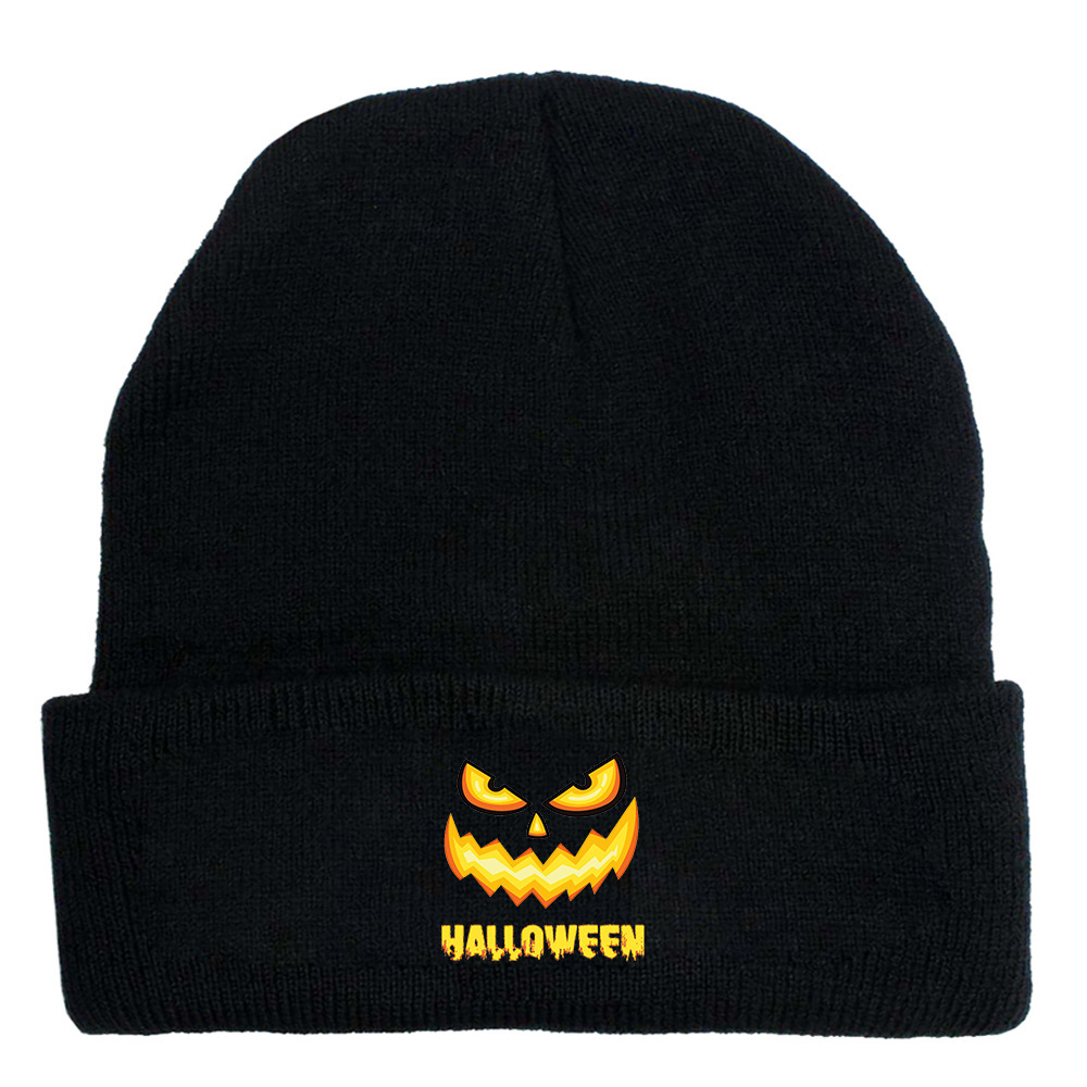 万圣节气氛感针织帽 恐怖南瓜头印花线绒帽户外保暧帽时尚冷帽子