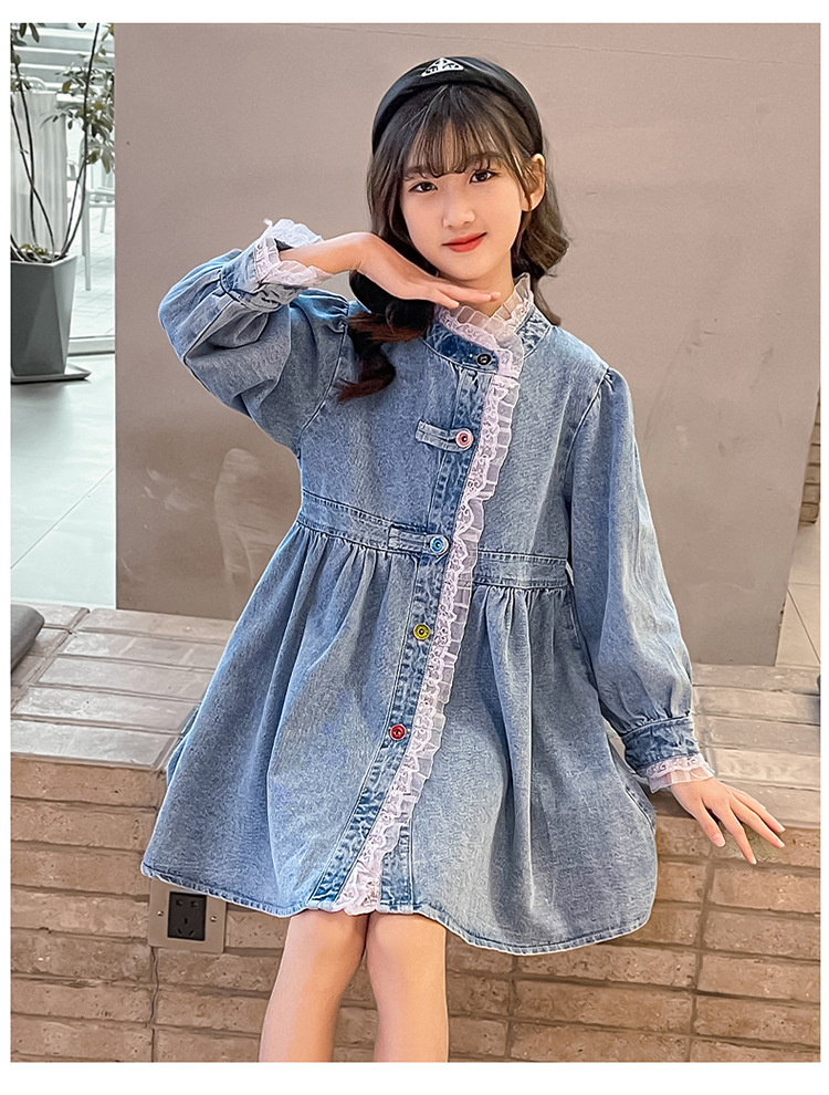 春装童装牛仔裙新款韩版中大女童花边长袖牛仔连衣裙外贸童装裙子