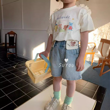 苏右24年夏款新儿童韩女宝短袖T恤潮90-130码小童衣服牛仔短裤