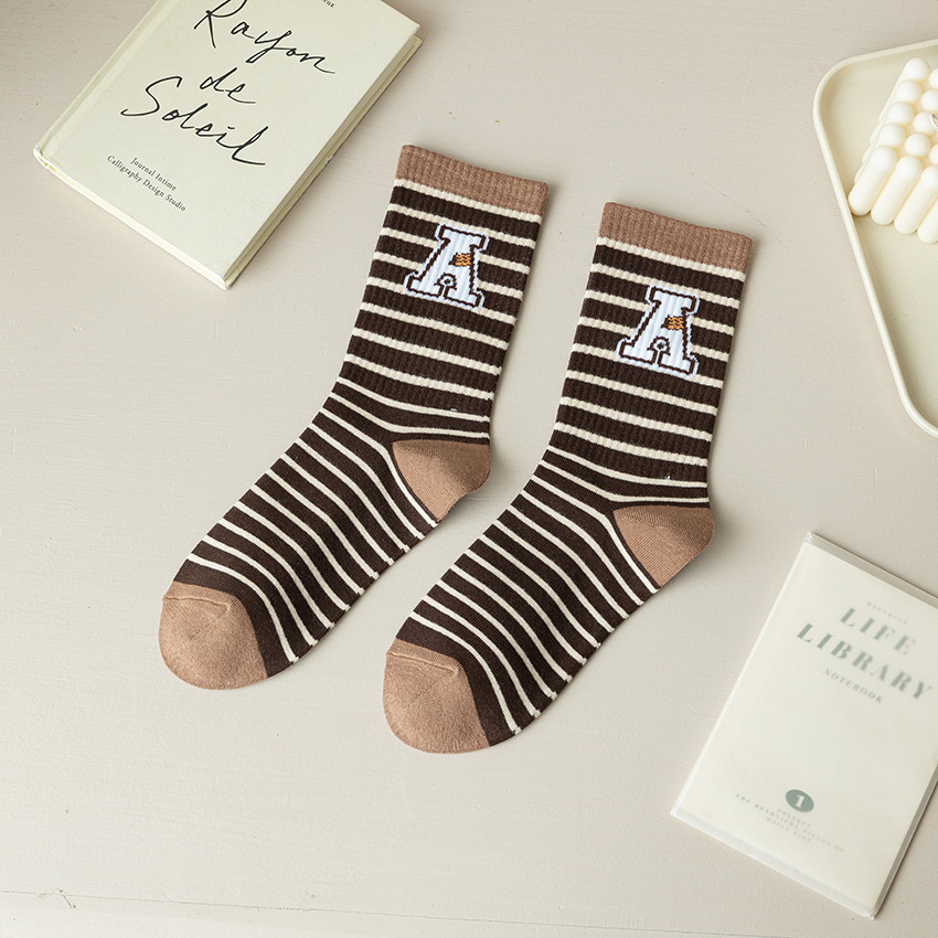 New Women's Long Socks Brown Striped Long Sports Cotton Socks Trendy Casual Style Cotton Socks Cross-Border Supply