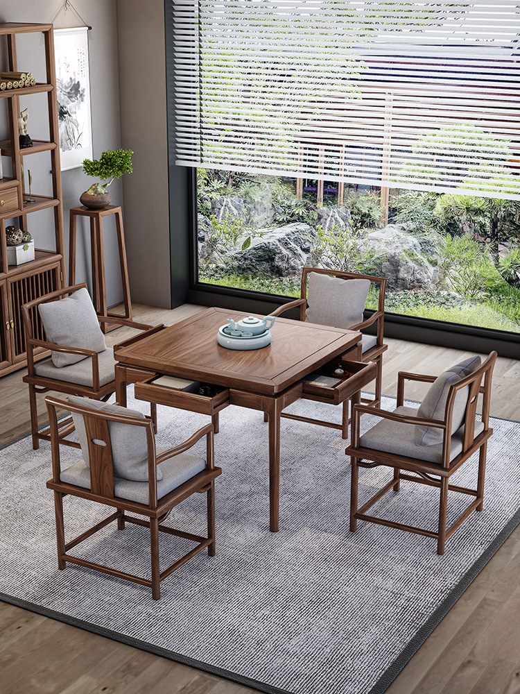 新中式实木四方桌老榆木八仙桌棋牌桌打牌桌茶桌正方形餐桌椅组合