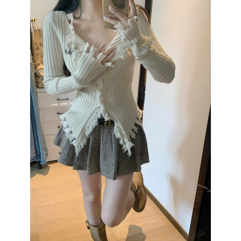 早秋美式辣妹流苏咖色开衫毛衣外套女新款开衫毛织打底衫