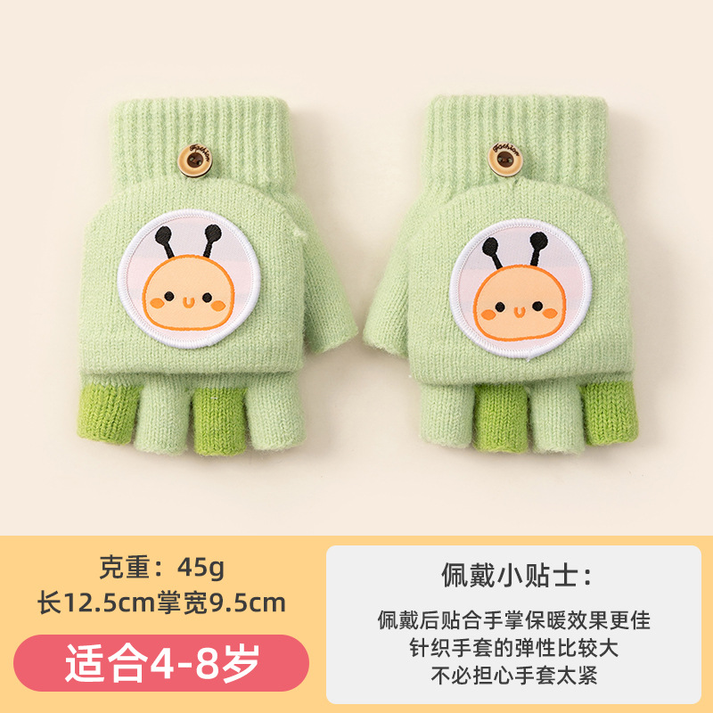 Autumn and Winter Cartoon Cute Children's Gloves Girls Half Finger Flip Knitted Wool Keep Warm Male Students Writing Wholesale