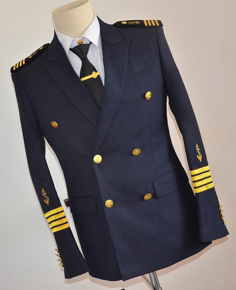 锦航男海员双排扣藏青制服秋冬船长水手职业大码工作服海锚套装