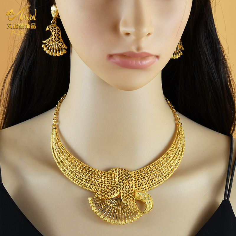 Dubai Bride 24K Gold-Plated Jewelry Set India Middle East Women's Fashion Necklace Earring Ring Bracelet Set