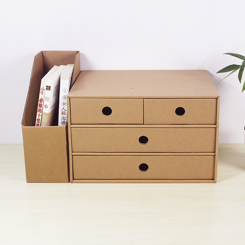 小抽屉式牛皮纸质桌面收纳盒办公分隔收纳三层抽屉纸盒多层diy