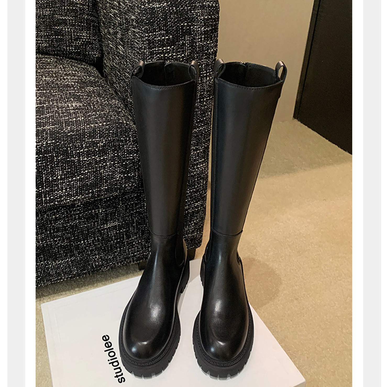 葡萄妈studiolee 女秋冬单里厚底高骑士靴粗跟弹力切尔西烟筒长靴