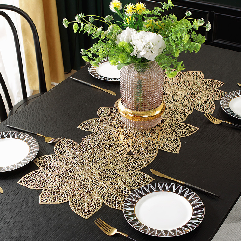 Factory Direct Sales PVC Dining Table Cushion Zijinhua Gilding Hollow Scarf Table Runner Cross-Border Light Luxury High Temperature Resistant Disposable Mat