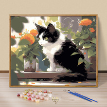 跨境家猫涂色diy数字油画淡彩风景猫有框直接涂酒店挂画