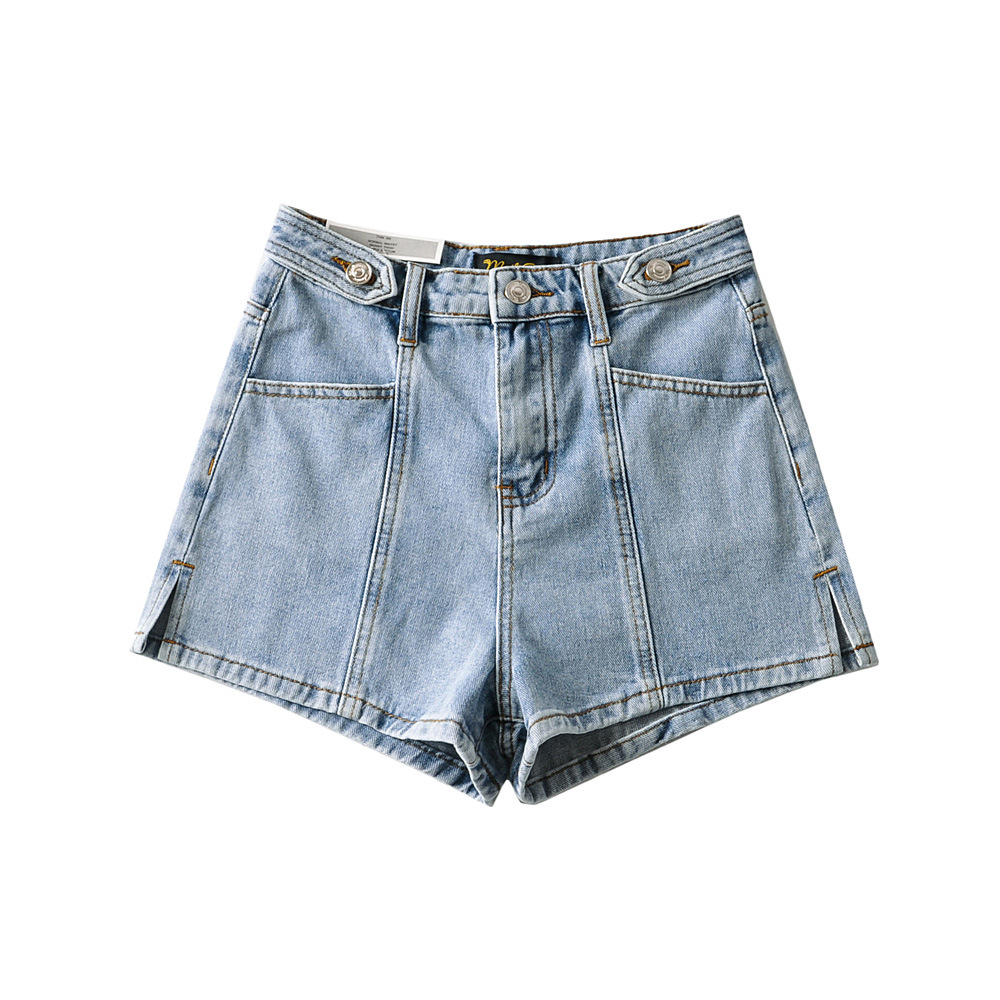 侧开叉蓝色牛仔短裤女2021年新款夏薄款高腰直筒阔腿裤垂感裤子