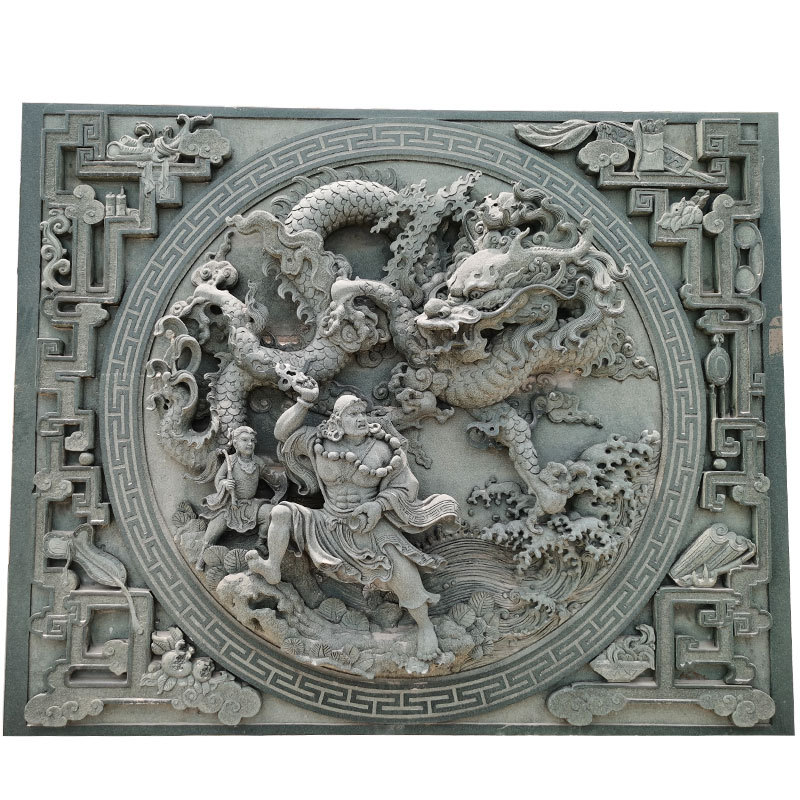 石雕浮雕影壁墙庭院玄关福字壁画晚霞红花开富贵影背青石镂空窗花