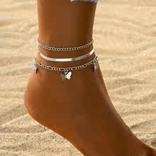 跨境时尚欧美沙滩风脚饰叠戴式蛇链多个蝴蝶吊坠脚链三件套女批发