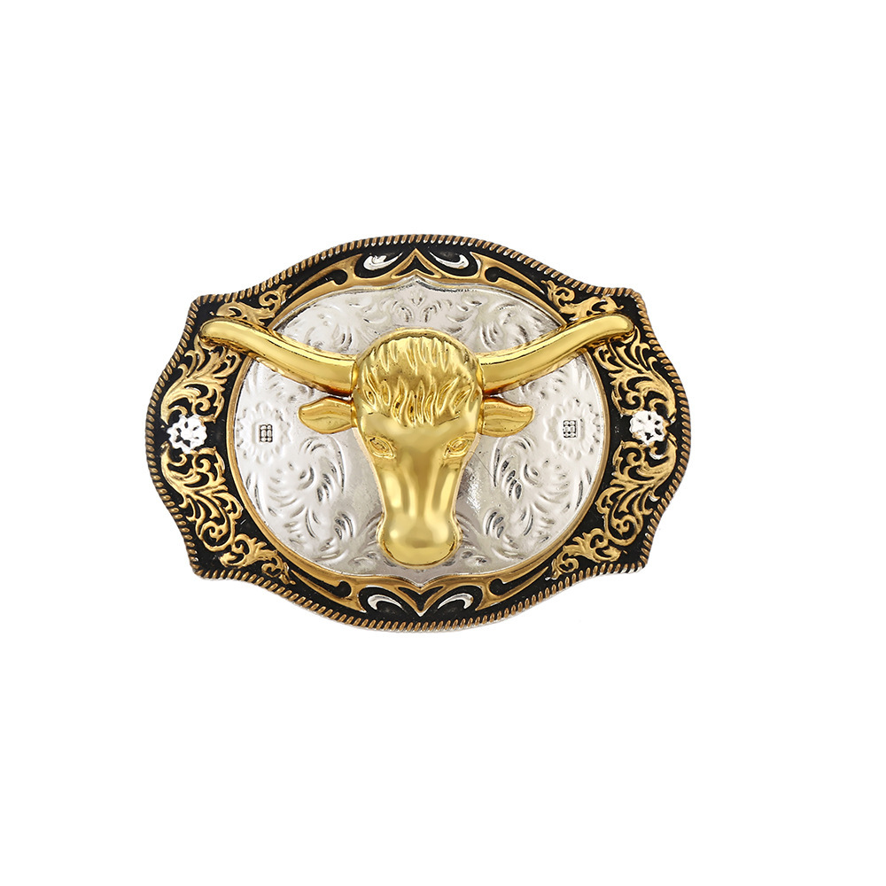 亚马逊新款 金银色大牛头皮带扣头欧美腰带嘻哈西部牛仔复古板扣