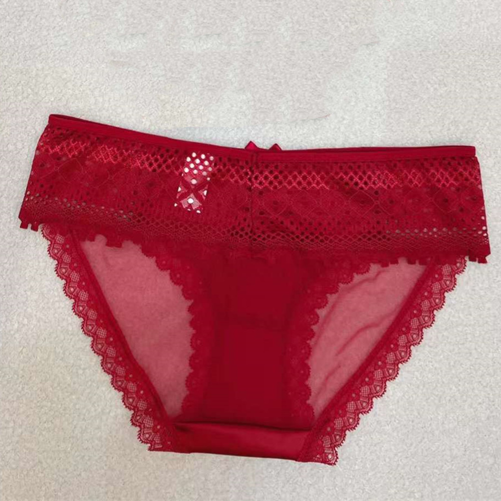 大红色内裤时尚性感蕾丝网纱刺绣底裤舒适缎面接拼花边女士三角裤