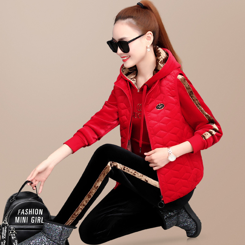 加绒加厚运动套装女冬季2021新款时尚休闲装修身显瘦三件套女宽松