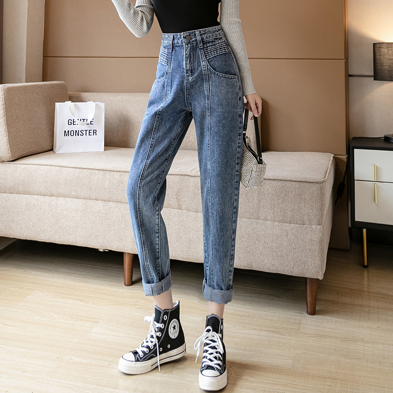 Cross-Border Stretch Fabric Jeans Women's Retro High Waist Simple Casual Slimming Korean Style Straight Raddish Dad Jeans