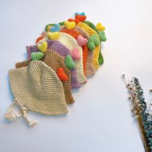 儿童帽子男女童夏季防嗮爱心沙滩草帽 宝宝遮阳蕾丝绑带草编帽