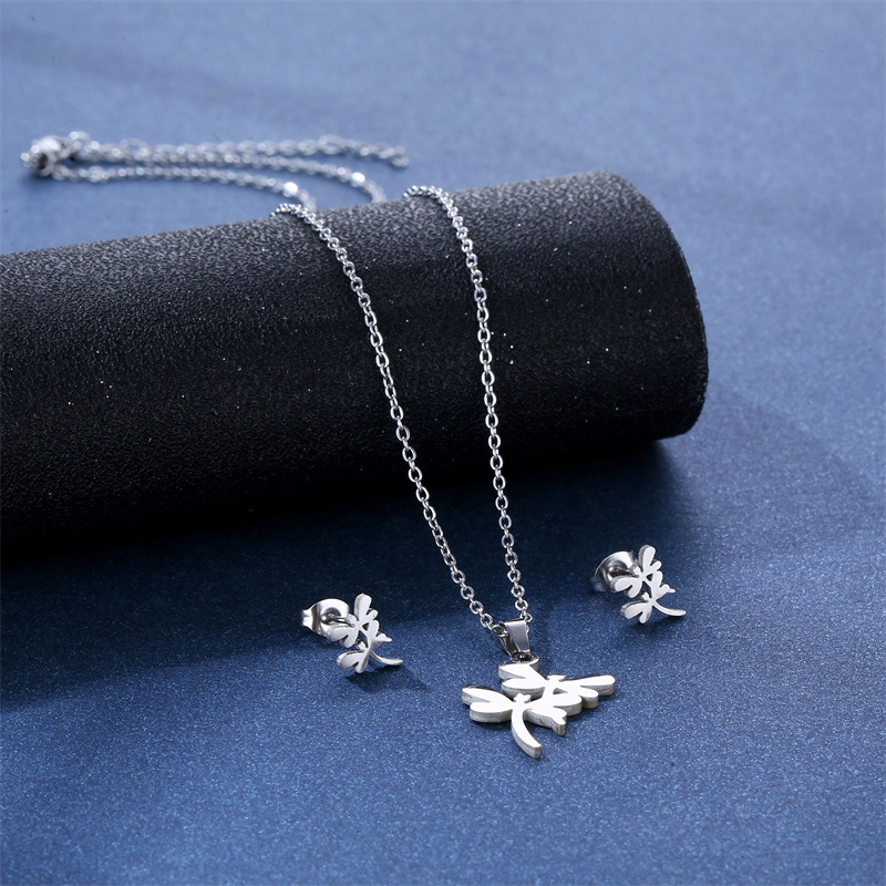 Fashion Jewelry New Stainless Steel Dragonfly Earings Set Ornament Necklace Women's Cross-Border South America Two-Piece Set Accessories