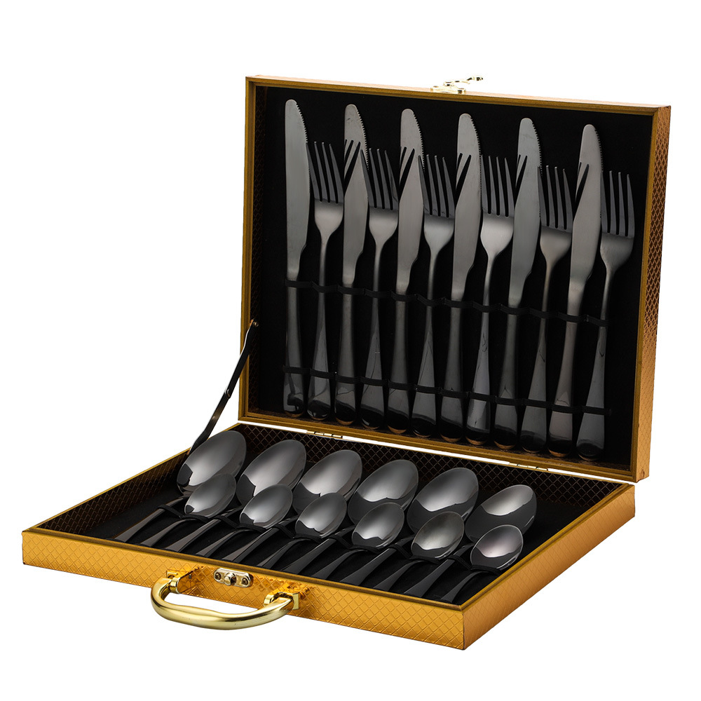Amazon Hot Products Stainless Steel Tableware 24-Piece Set 1010 Four Main Pieces Knife, Fork and Spoon Cross-Border Wooden Box Set