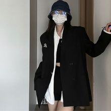 设计感黑色西装外套女2023春新款小众廓形中长款ins西服