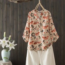复古花朵水彩印花V领蝙蝠袖五分袖衬衫夏季新款宽松气质中袖上衣