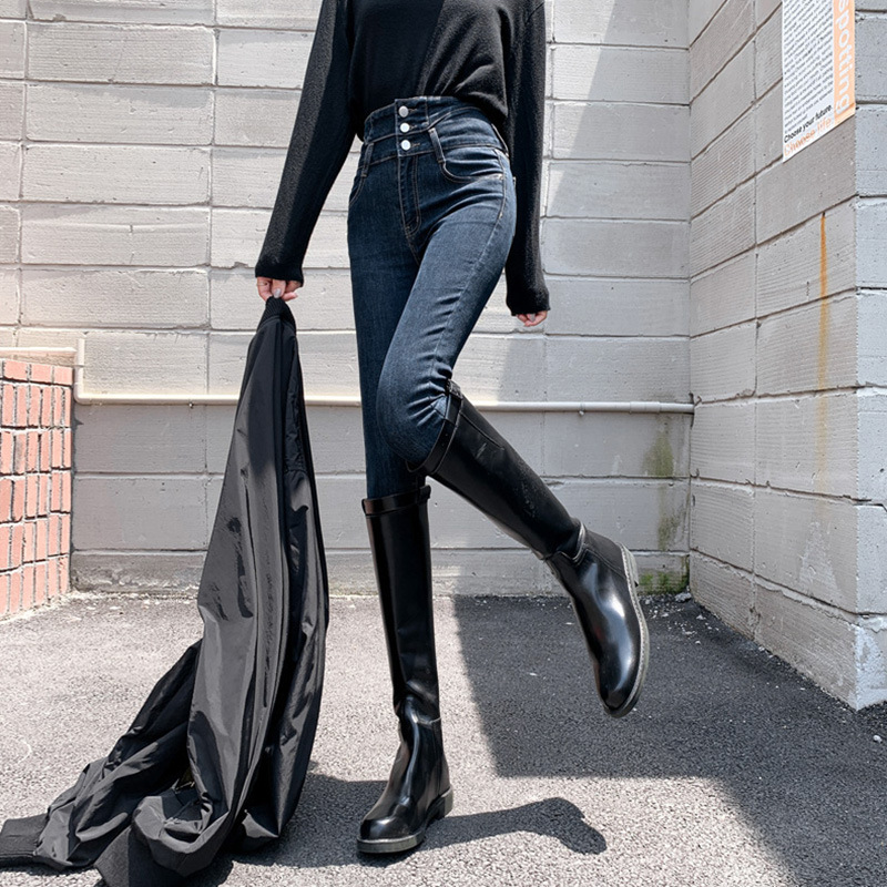 蓝灰色高腰牛仔裤女2022春秋新款韩版修身显腿长显瘦紧身小脚裤子