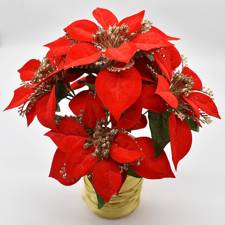 亚马逊热卖圣诞装饰用品一品红仿真花假花挂饰人造花摆件圣诞花