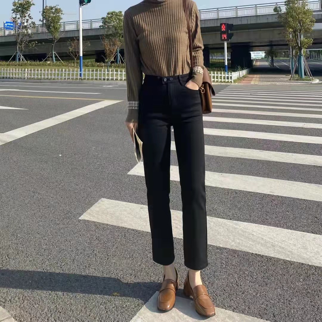 6878黑蓝色2021早秋新款韩版简约弹力百搭牛仔九分裤女直筒烟管裤