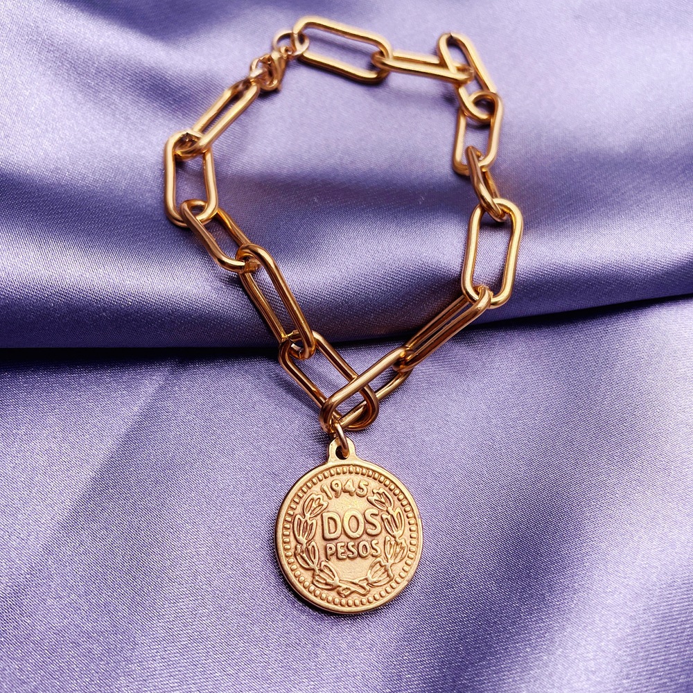 欧美热销新款 时尚气质百搭创意回形针项链手链 女王钱币手链