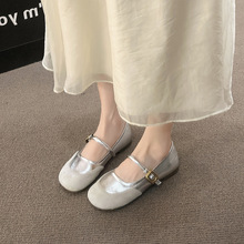 银色玛丽珍鞋女鞋2024年春夏新款圆头软底软面一字带浅口法式单鞋