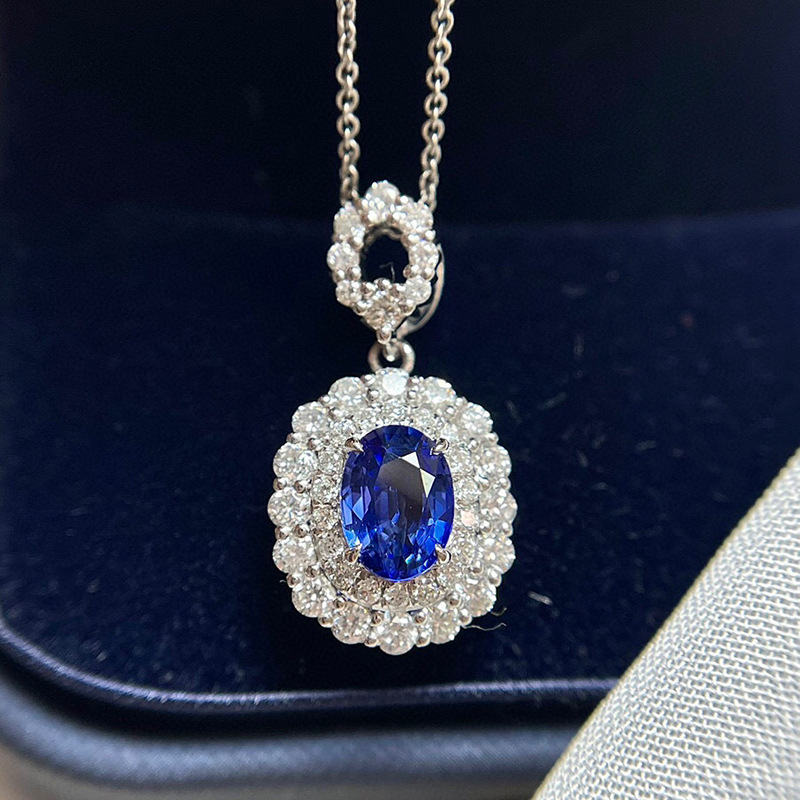 皇妃钻 18k金镶蓝宝石项链 女 锁骨链 蛋形宝石吊坠 镶钻 配证书