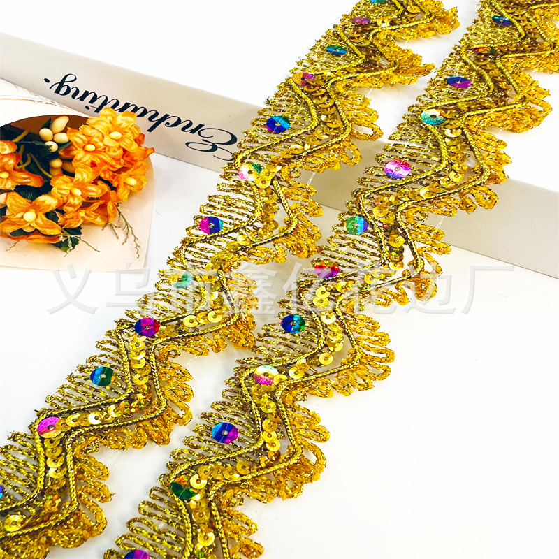 Factory Direct Sales Three Flowers Gold Silk Sequin Lace Auxiliary Dance Costume Accessories Stage Supplies Accessories