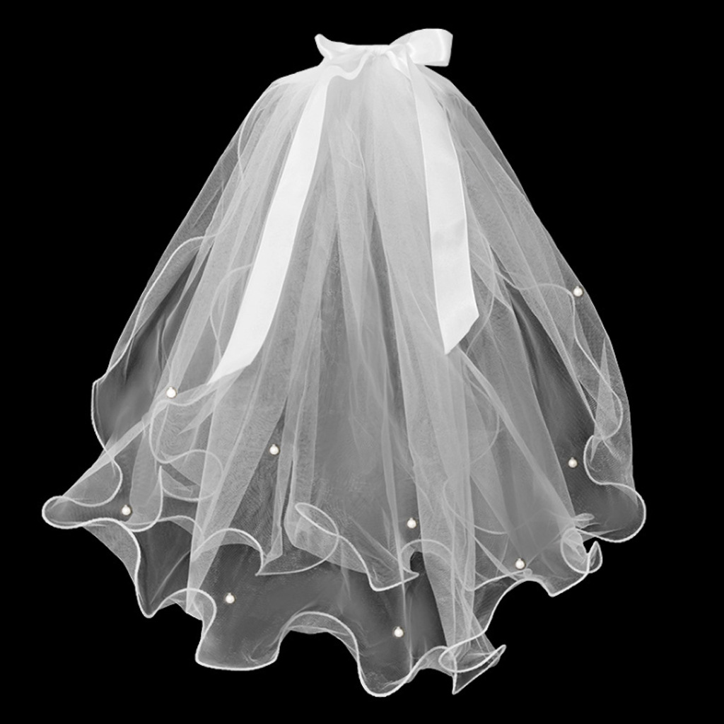 新款亲子头纱双层珍珠蝴蝶结头纱舞会派对新娘头纱儿童头纱头饰