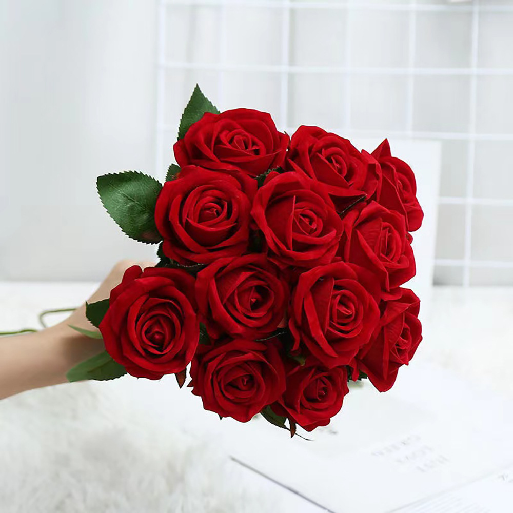 仿真绒布玫瑰花 单支绒玫瑰假花七夕情人节装饰插花家居装饰花艺