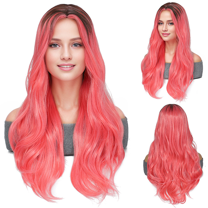 外贸欧美假发女空气刘海中分大波浪卷棕色渐变粉色假发全头套wig