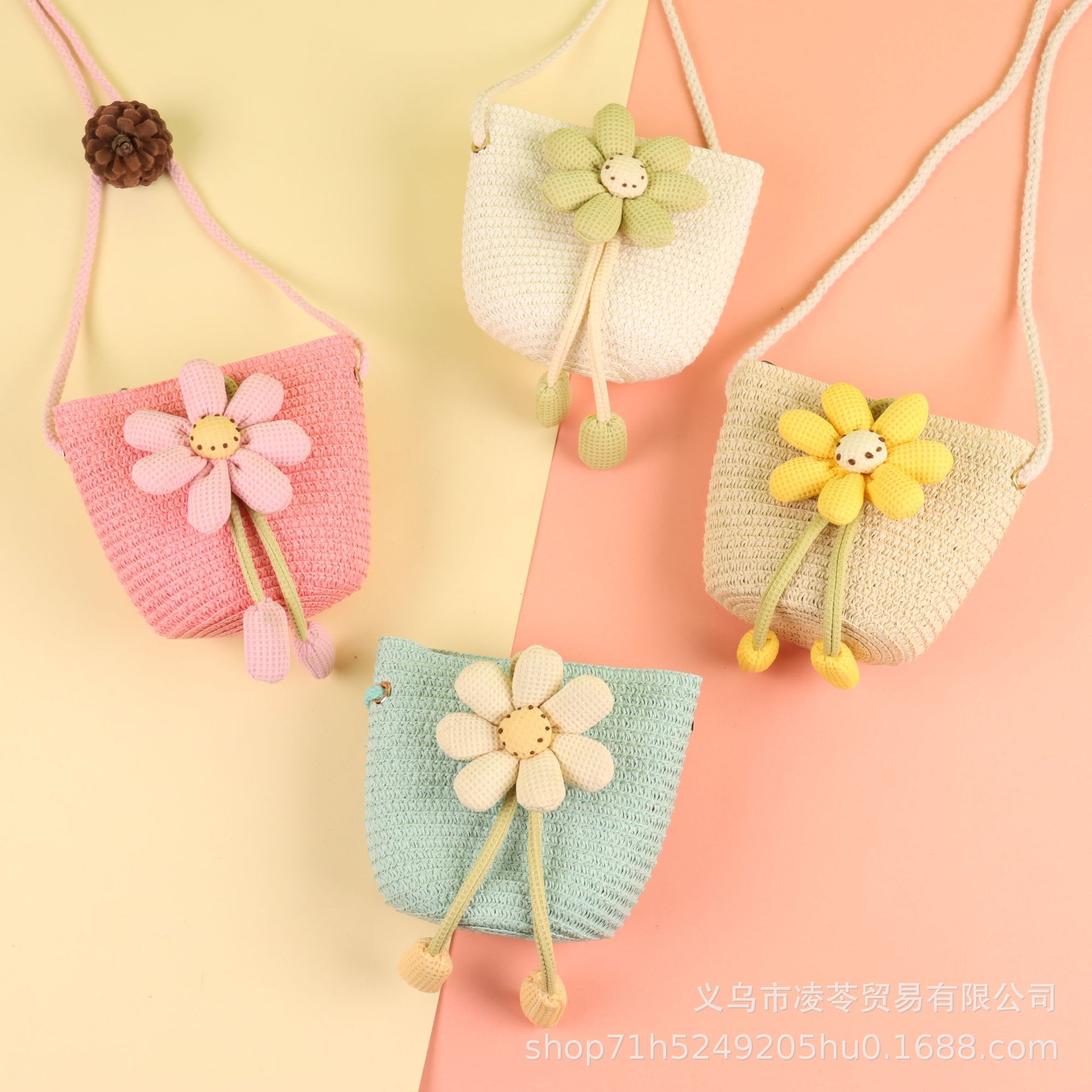 儿童单肩包ins甜美七瓣花朵草编包包夏季宝宝凹造型斜挎包货源