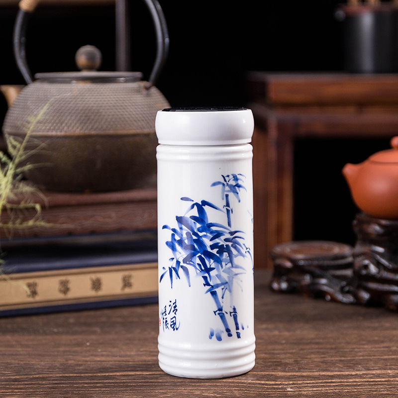 Jingdezhen Double-Layer Ceramic Thermos Cup Liner Portable Blue and White Porcelain Cup with Lid Office Water Cup Gift Cup Wholesale