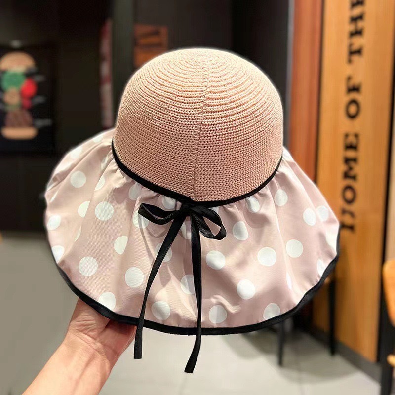 Hat Spring and Summer Female Face-Covering All-Match Sun Protection Hat Bucket Hat Polka Dot Sun Hat Girl's Cap Straw Hat Uv Protection Cover Face