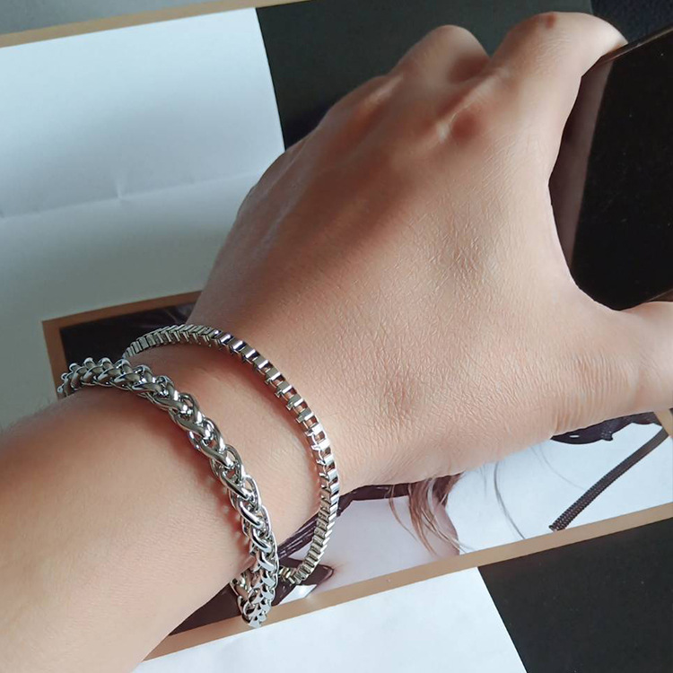 龙骨双层叠戴古巴链手链男士嘻哈女生手镯冷淡风简约潮酷情侣手饰