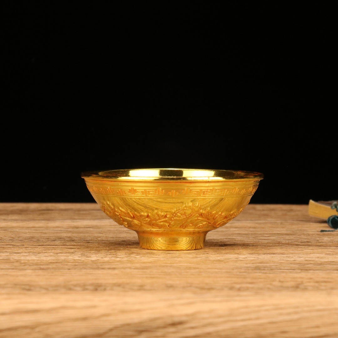 花开富贵年年有余鎏金色镀金色碗家用双鱼招财金饭碗桌摆件工艺品