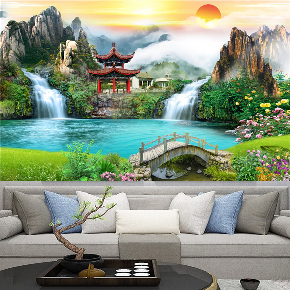 批发仙堂山水画堂口背景流水生财人间仙境亭子小桥流水客厅沙发装