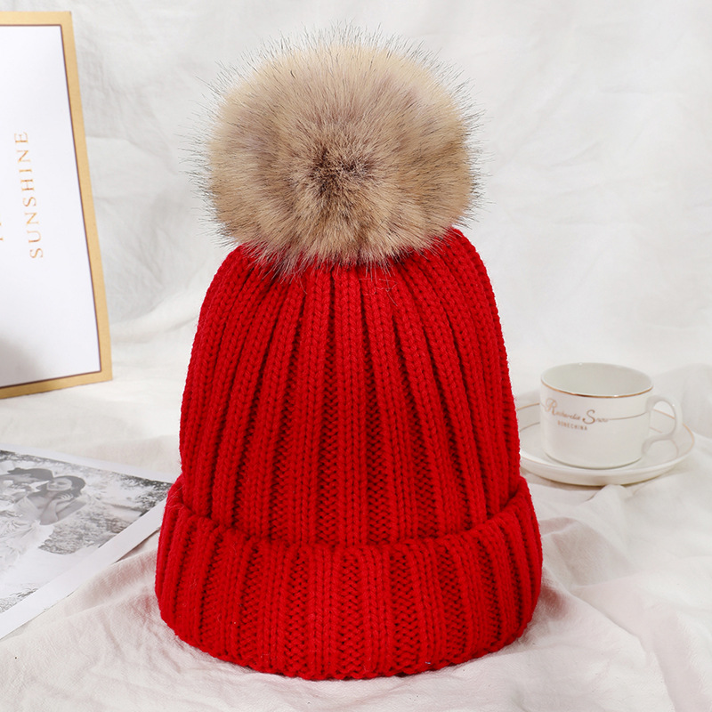 Autumn and Winter New Knitted Hat Women's Solid Color Korean Style Fur Ball Warm Japanese Sleeve Cap Men's Casual All-Matching Simple